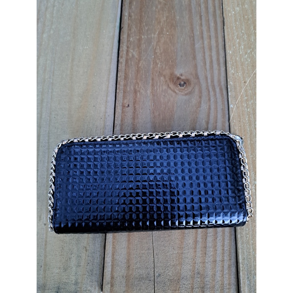 Black Patent Textured Pyramid Grid Zip Around Wallet with Chain Trim Detail